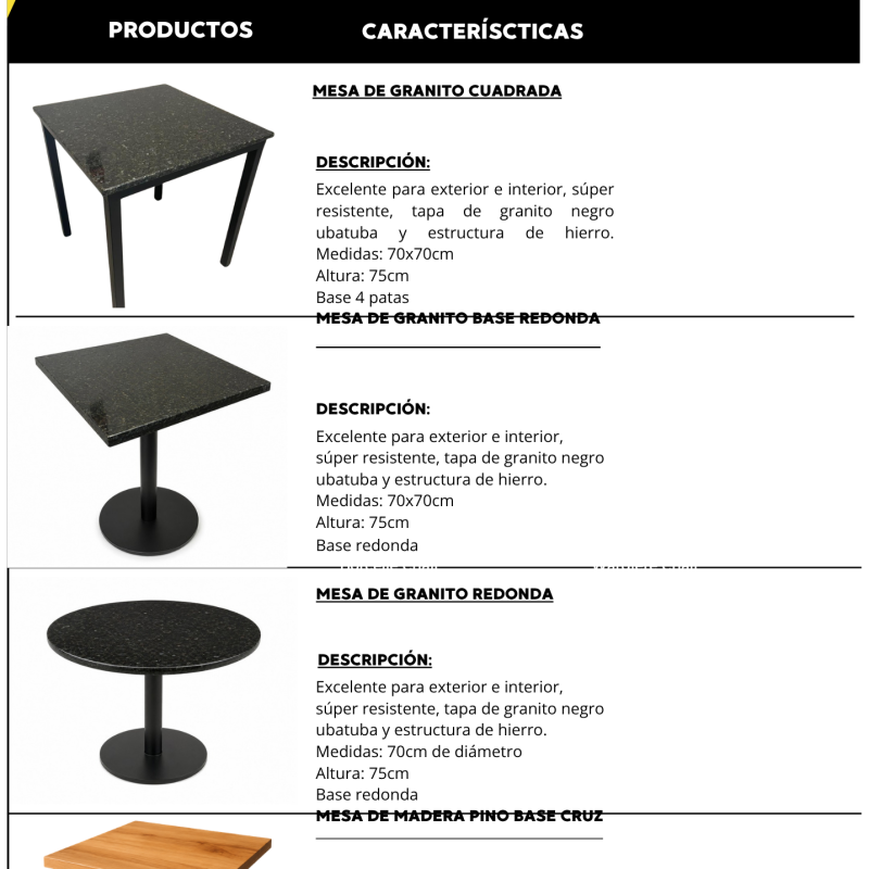 Mesa con tapa de granito/madera y estructura de hierro